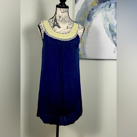 Tenki Elegant Navy Blue Sleeveless Dress White Beading Lined size S - Picture 2 of 11